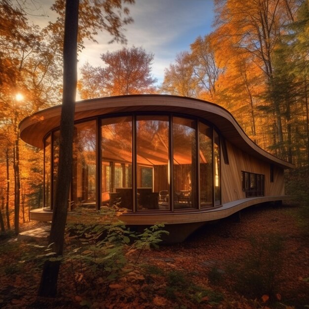 Arafed house in the woods with a curved roof generative ai