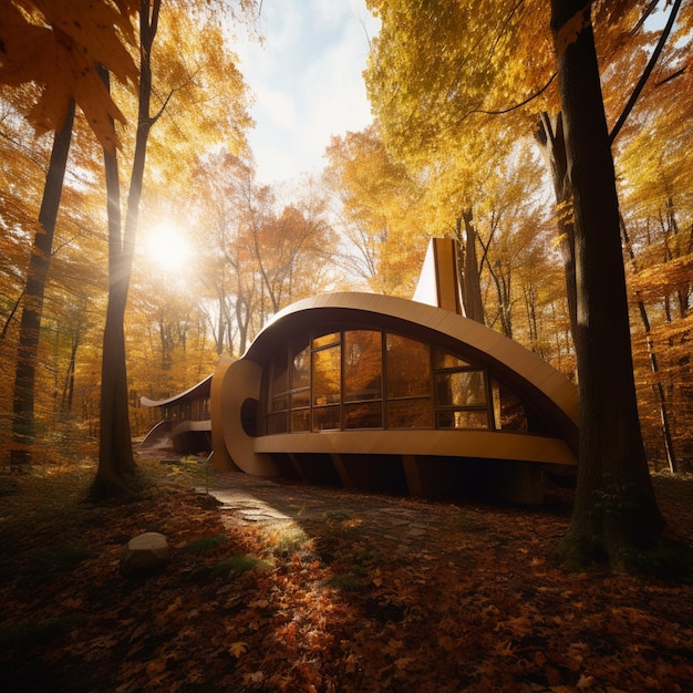 Arafed house in the woods with a sun shining through the trees generative ai