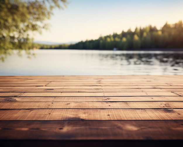 Foto arafed houten dek met uitzicht op een meer met bomen en water generatieve ai