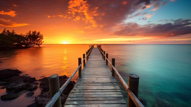 Arafed houten pier die zich uitstrekt in de oceaan bij zonsondergang generatieve ai