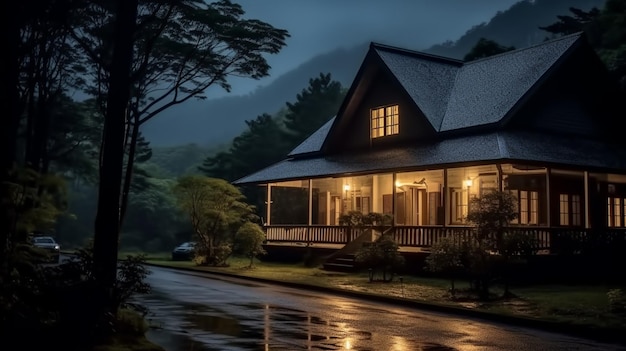 Arafed huis met een donker dak en een regenachtige nacht generatieve ai