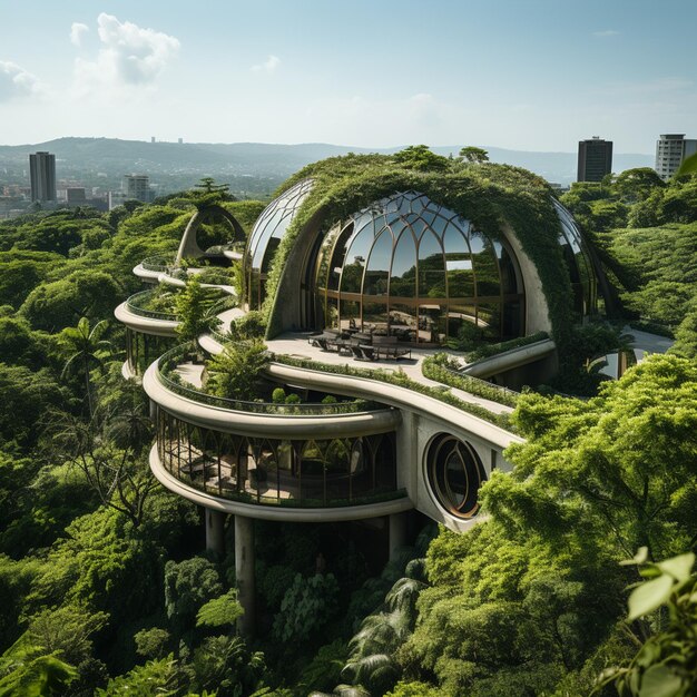 Foto arafed huis met een rond dak en een balkon op een heuvel generatieve ai