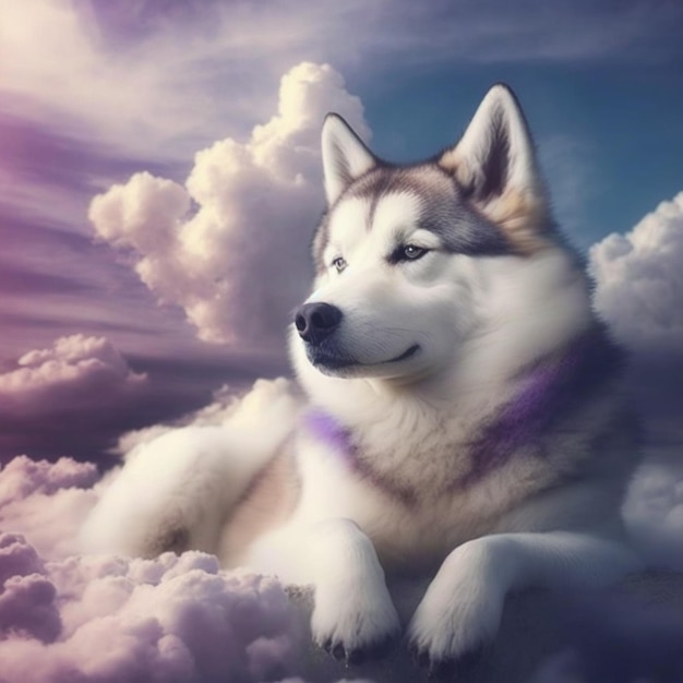 紫の襟を持ったハスキー犬が雲の中に横たわっている