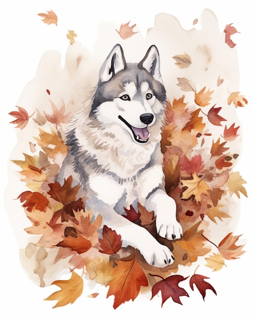 arafed husky dog laying in the leaves of a pile generative ai