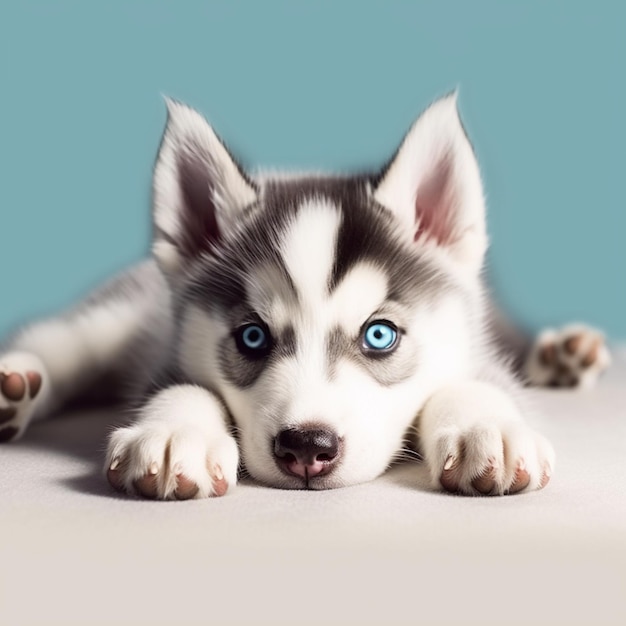 Arafed husky puppy met blauwe ogen ligt op een tafel generatieve ai