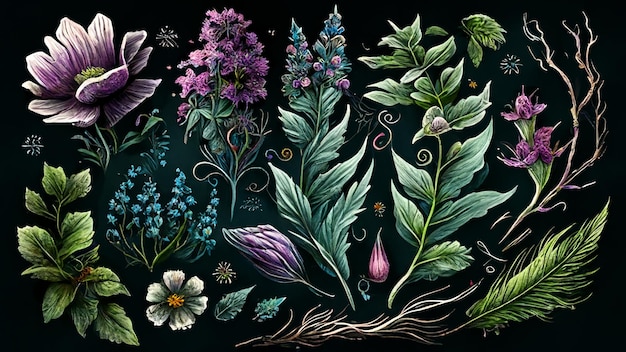 黒い背景に様々な花や植物を描いたアラフェッドのイラスト
