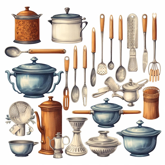 Photo arafed illustration of a variety of kitchen utensils and cooking utensils generative ai