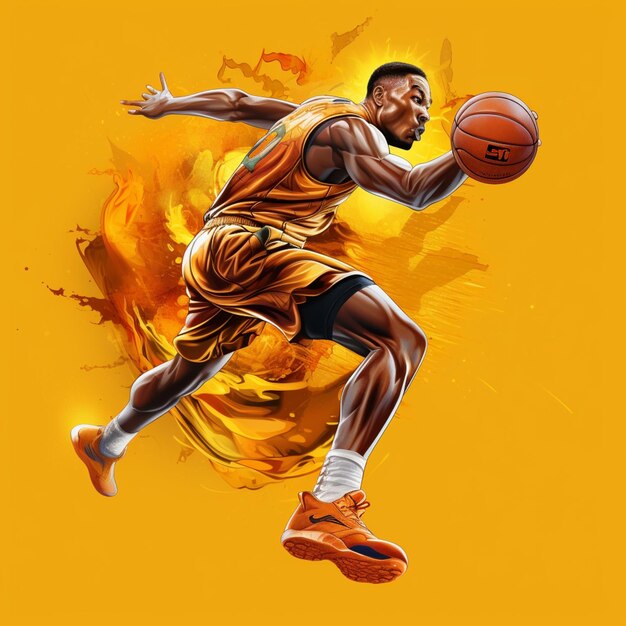 Photo arafed image of a basketball player in a yellow uniform generative ai