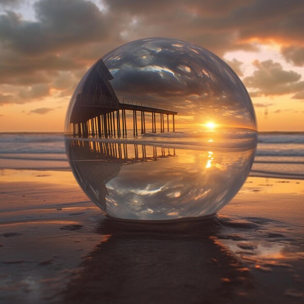 Immagine raffigurata di una spiaggia con una palla di vetro generativa ai