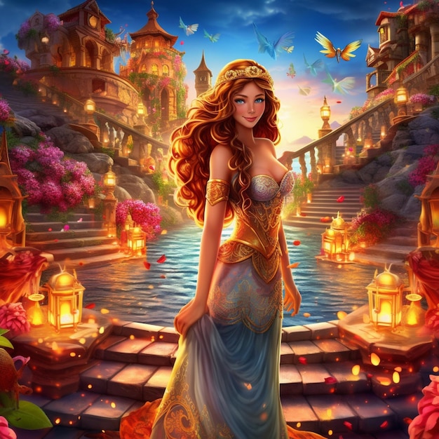 arafed image of a beautiful woman in a dress standing in front of a fountain generative ai