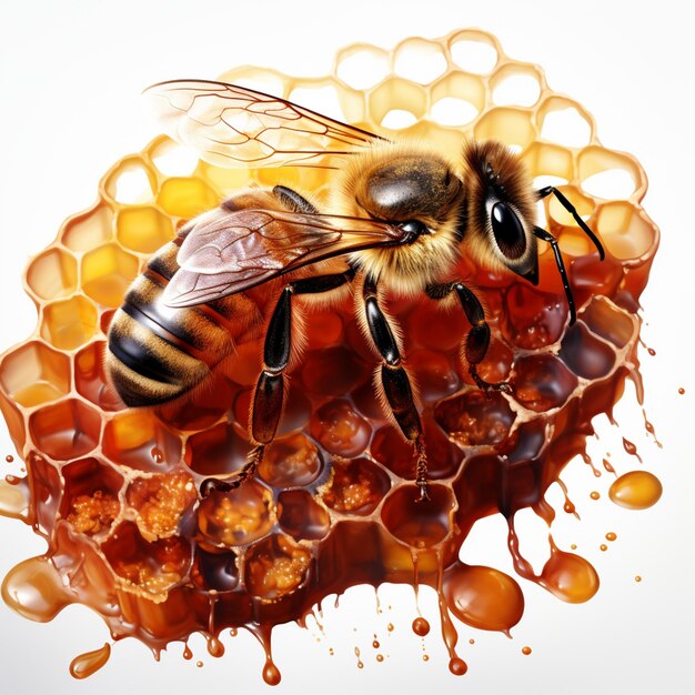 Arafed image of a bee on a honeycomb with honey drops generative ai