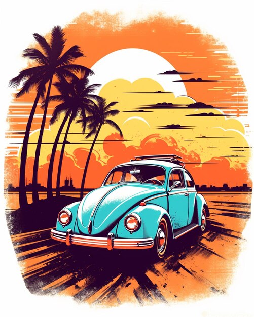 Arafed image of a blue vw beetle parked on a beach generative ai