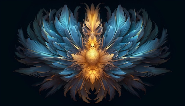 Arafed image of a blue and yellow flower with a black background generative ai