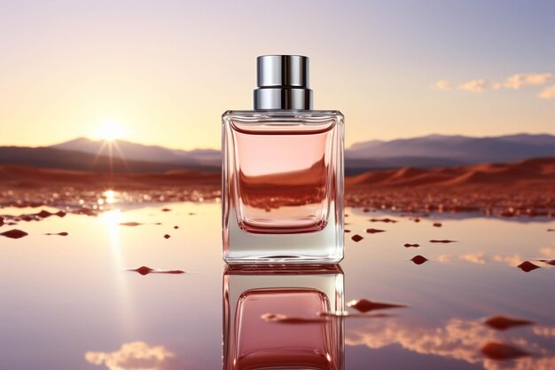 Arafed image of a bottle of perfume on a reflective surface generative ai