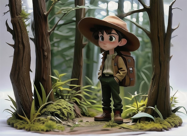 모자와 재킷을 입고 숲 속에 서 있는 소년의 아라페드 이미지