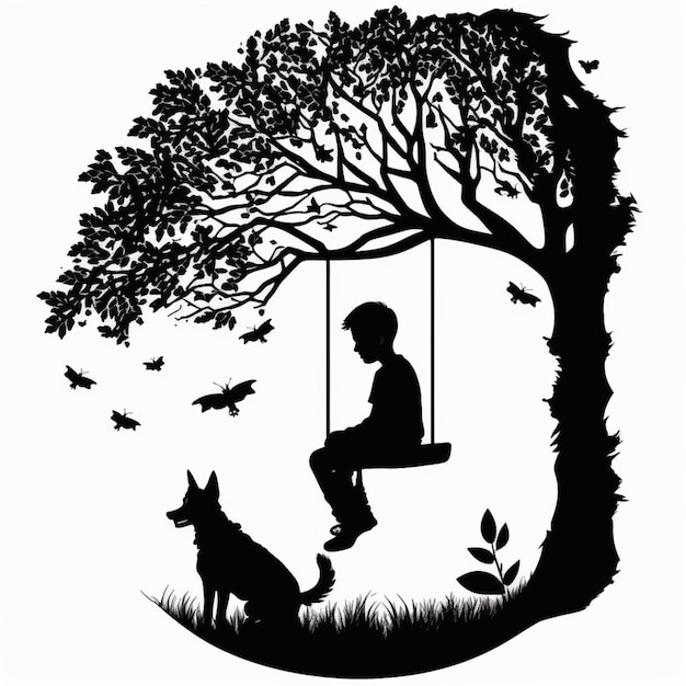 arafed image of a boy on a swing with a dog generative ai