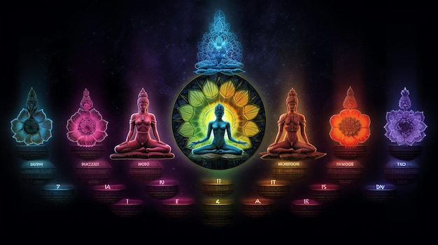 Photo arafed image of a buddha statue surrounded by seven chakrai generative ai