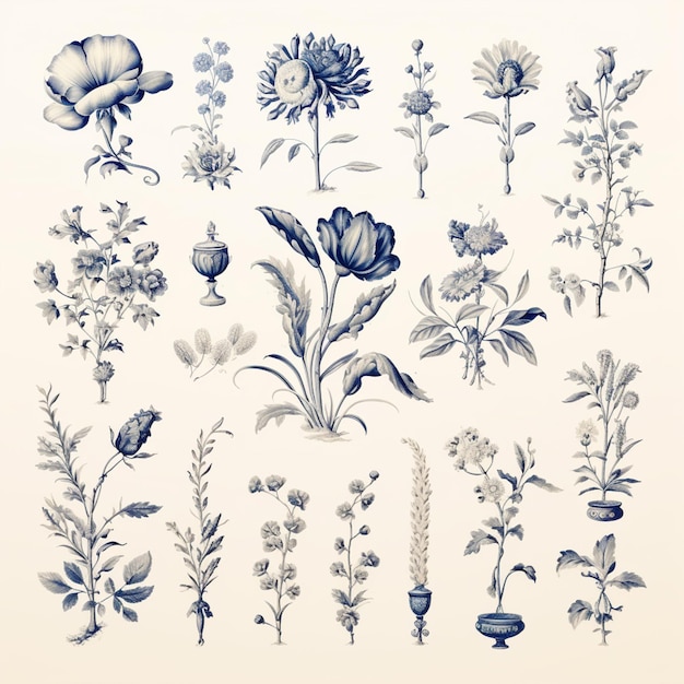 青と白の生成的なaiで花と植物の束のarafedイメージ