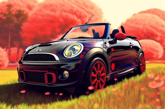 Arafed image of a car with a red roof parked in a field generative ai