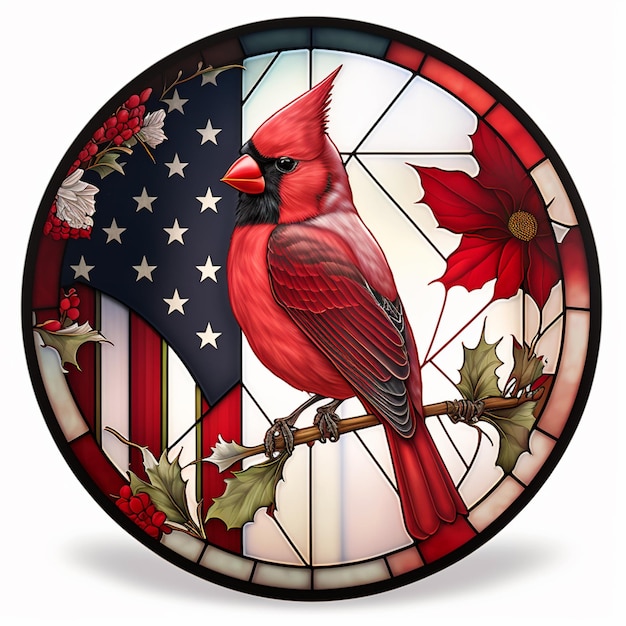 Arafed image of a cardinal bird sitting on a branch in front of a stained glass window generative ai