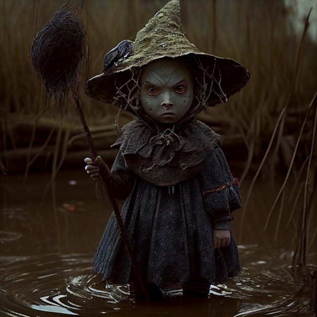Foto immagine arafed di un bambino vestito da strega in una palude generativa ai