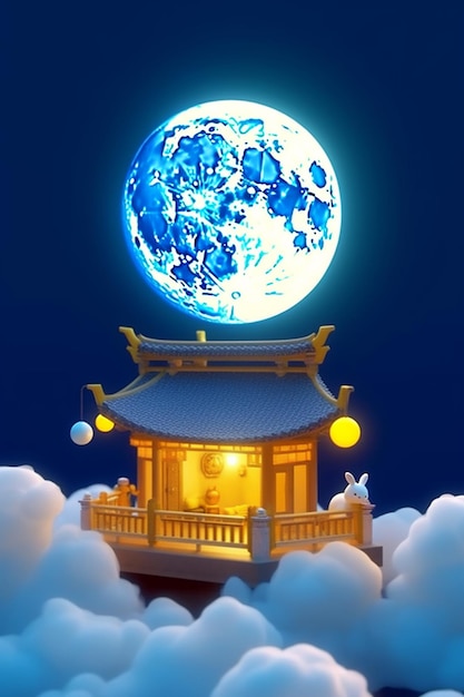 Arafed image of a chinese building with a full moon in the sky generative ai