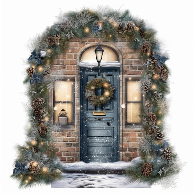 Arafed image of a christmas wreath with a blue door and a lantern generative ai