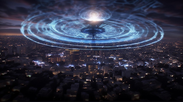 中央に円形のオブジェクトがある都市のアラフェド画像生成AI