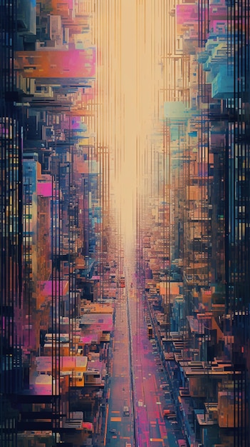 Арафированное изображение города с поездом, проходящим через него, генеративный ИИ