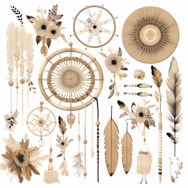 Photo arafed image of a collection of native items including feathers generative ai