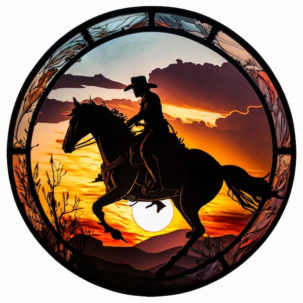 Arafed image of a cowboy riding a horse in a sunset generative ai