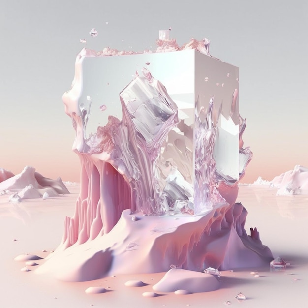 Рафированное изображение кубика льда с горой на заднем плане
