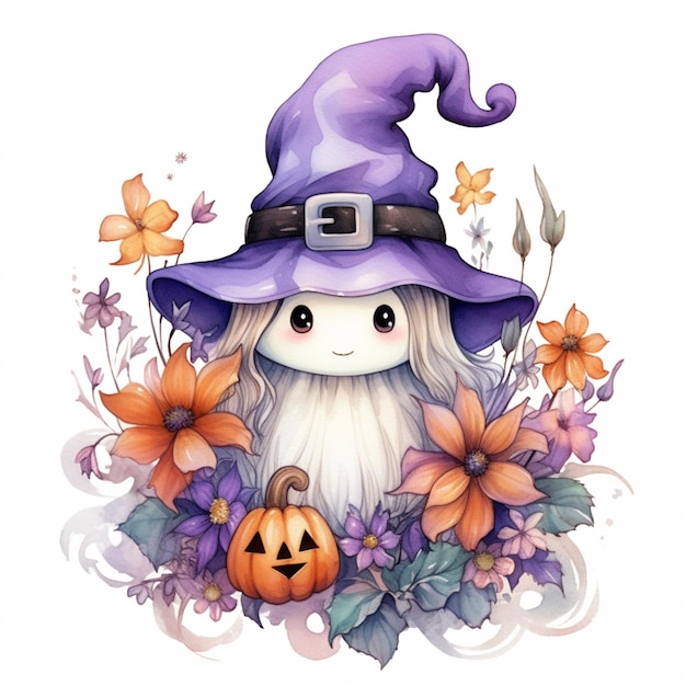 Arafed image of a cute little witch with a pumpkin generative ai