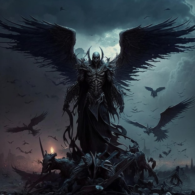 Arafed image of a demonic angel standing on a pile of skulls generative ai