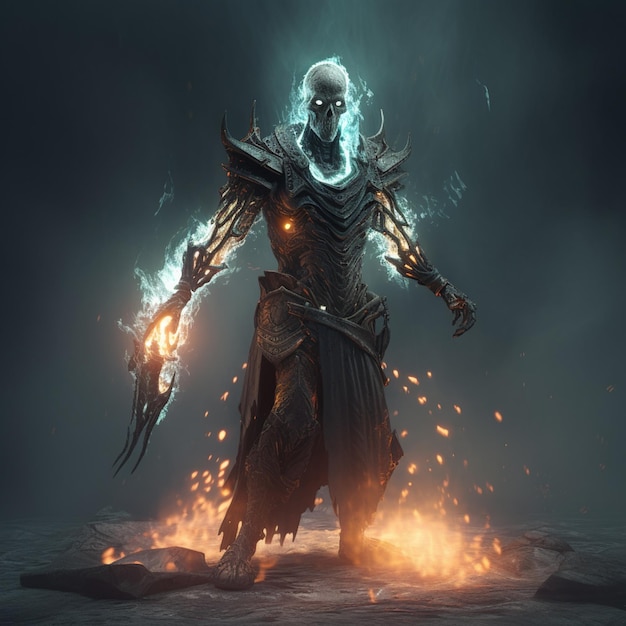 Arafed image of a demonic man with a glowing head and a glowing sword generative ai