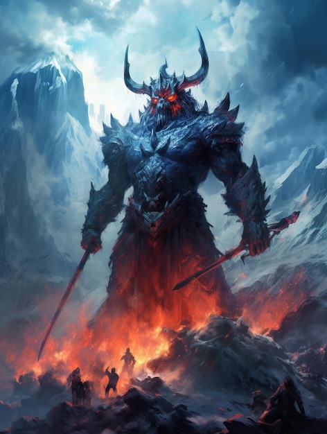 Arafed image of a demonic warrior with a sword in a mountain ai generative