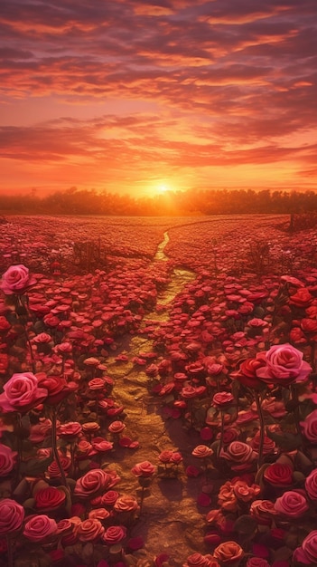 arafed image of a field of red roses with a sunset in the background generative ai