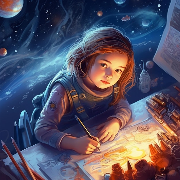 Арафед изображение девушки, рисующей изображение планеты, генеративный ИИ