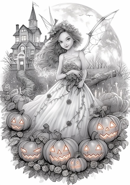 arafed image of a girl in a dress with pumpkins generative ai