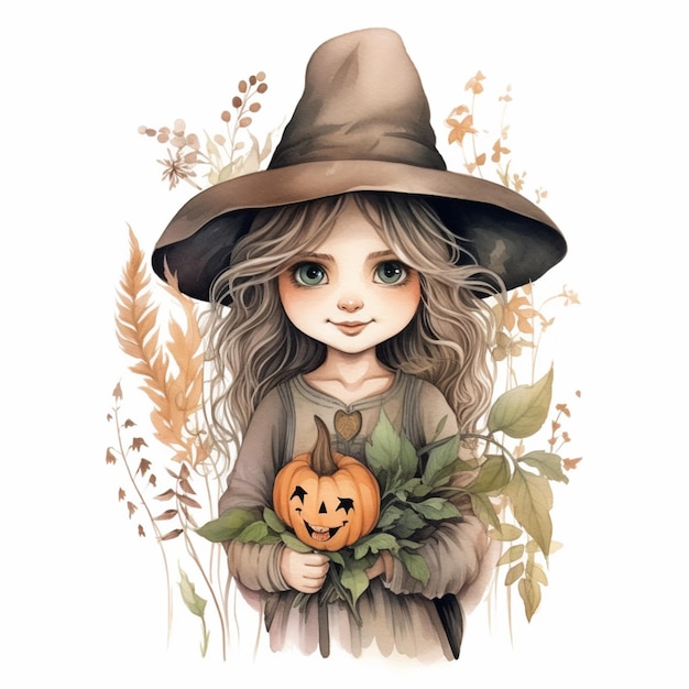 arafed image of a girl in a witch costume holding a pumpkin generative ai