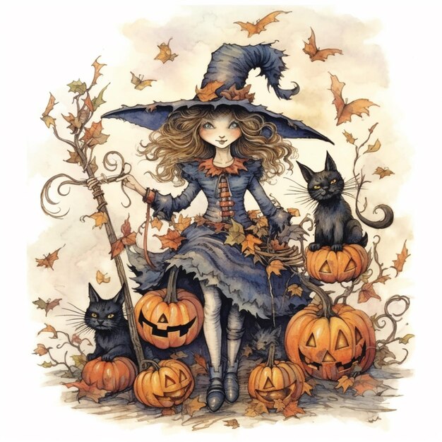 Arafed image of a girl in a witch costume with a broom and a cat generative ai