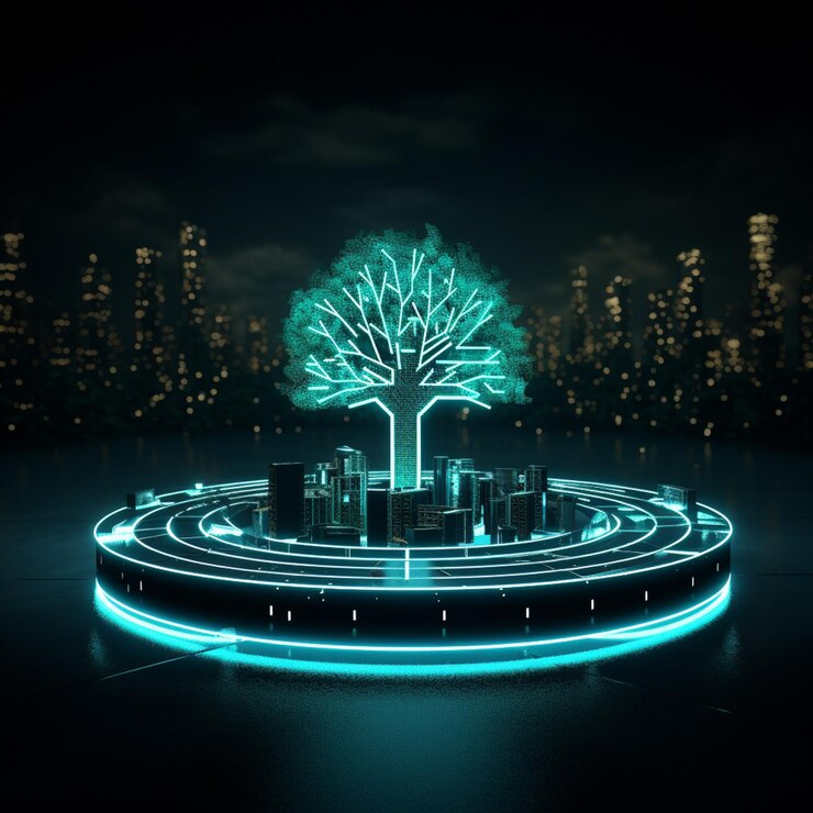 Photo arafed image of a glowing tree in a circular maze generative ai