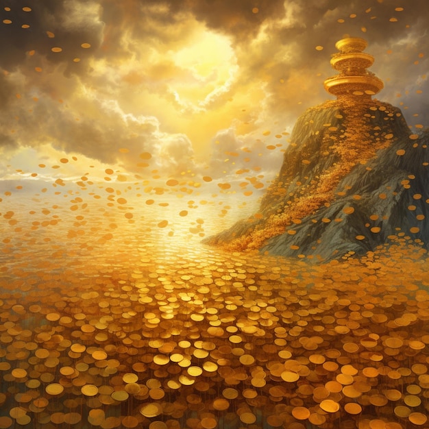 Arafed image of a golden hill with a lot of coins generative ai