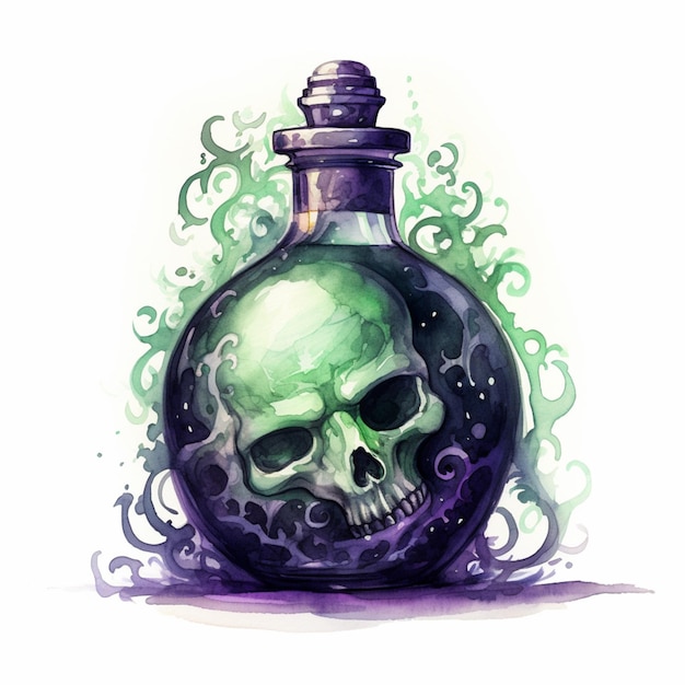 arafed image of a green skull in a glass bottle generative ai