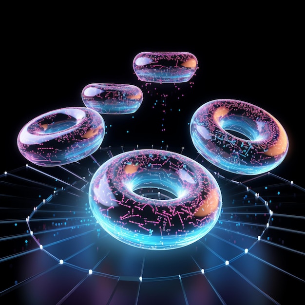 Photo arafed image of a group of donuts with glowing lights generative ai