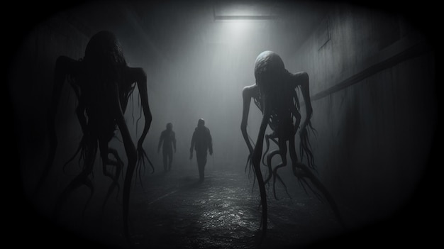 arafed image of a group of people walking through a dark hallway generative ai