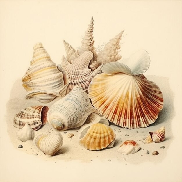 arafed image of a group of shells on a beach generative ai