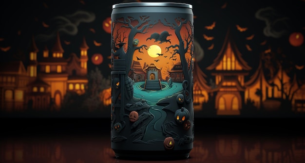 arafed image of a halloween themed beer can with a castle in the background generative ai