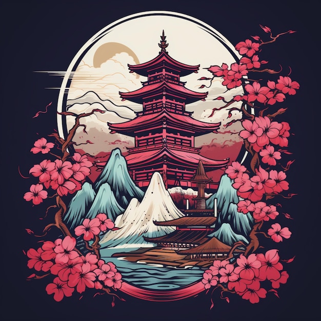 Arafed image of a japanese pagoda with a mountain and a lake generative ai
