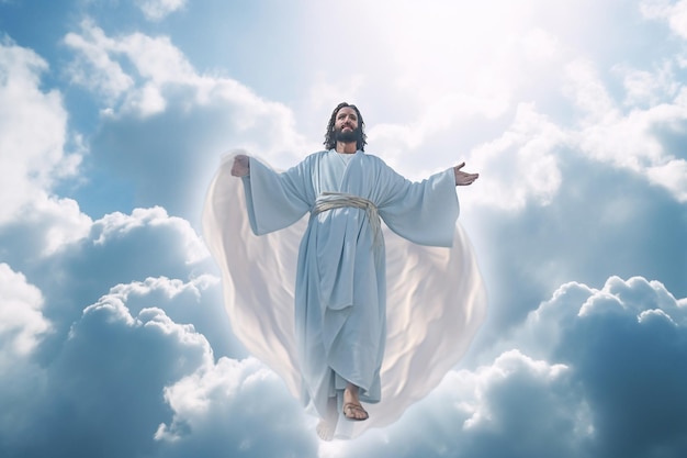 arafed image of jesus flying through the clouds with his arms outstretched generative ai